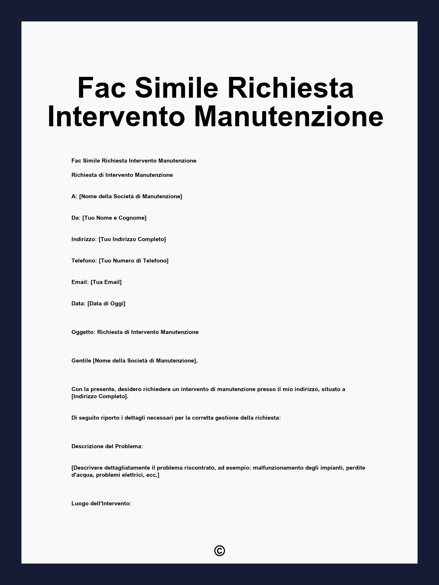 Fac Simile Richiesta Intervento Manutenzione