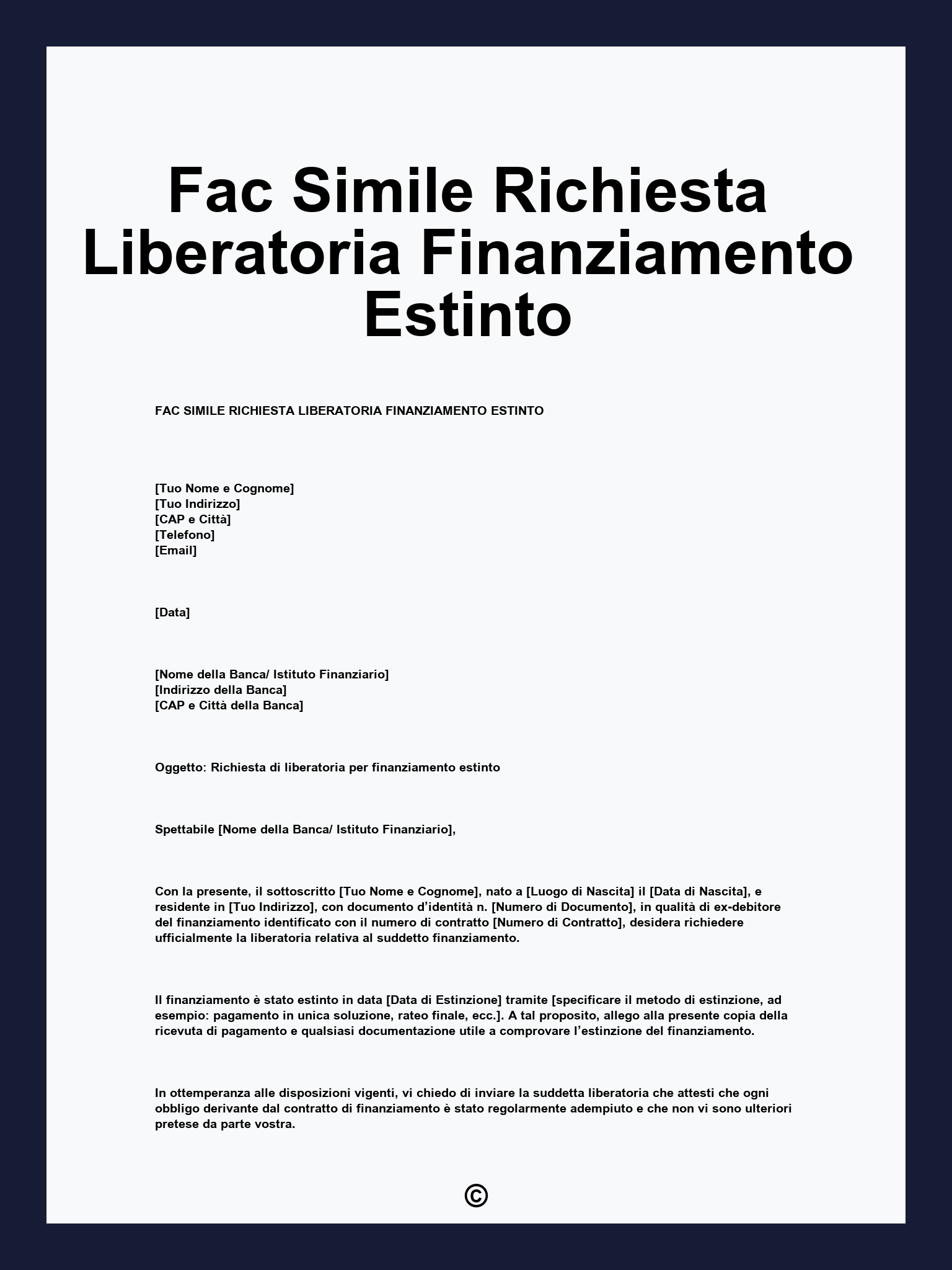 Fac Simile Richiesta Liberatoria Finanziamento Estinto