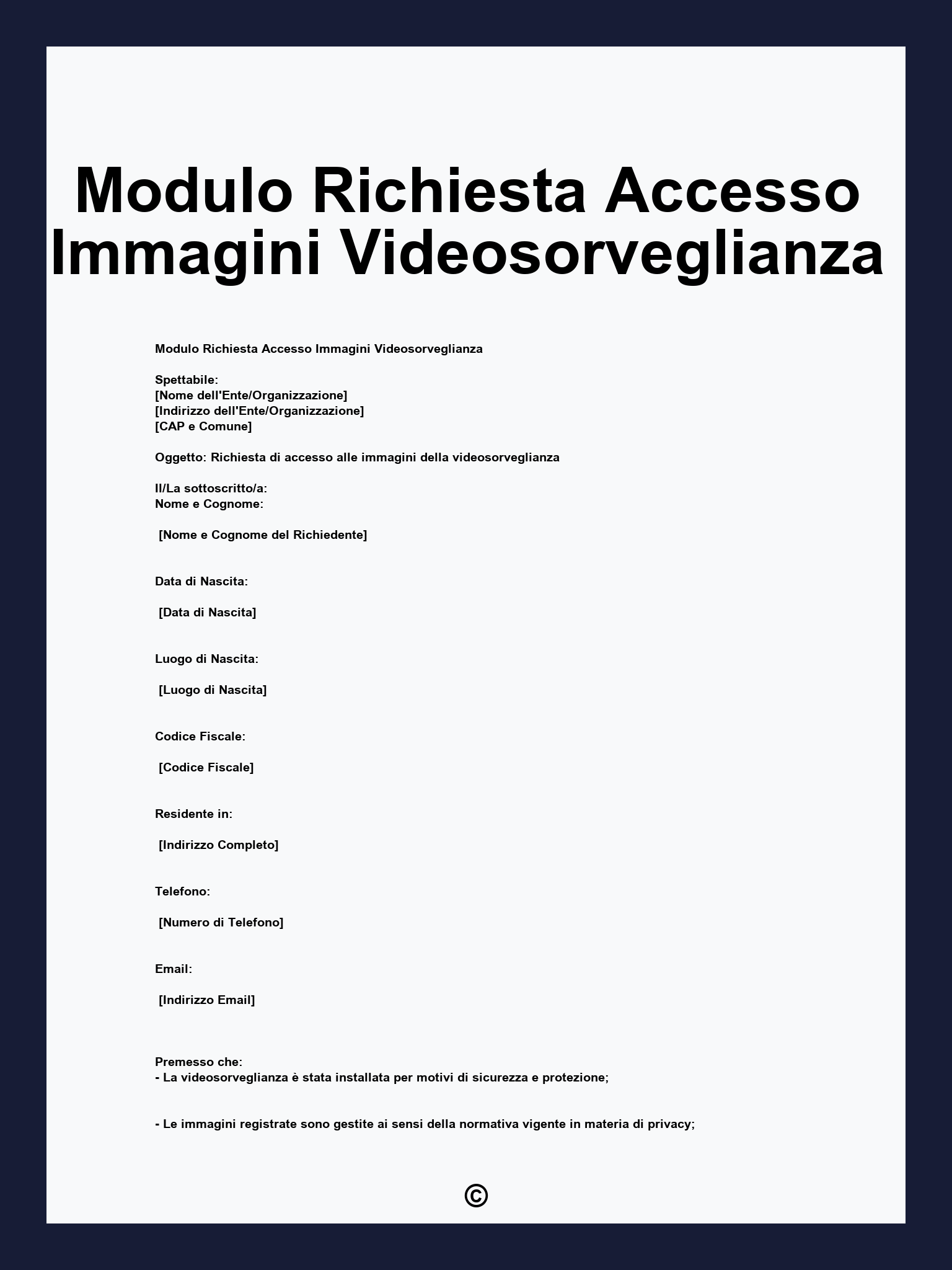 Modulo Richiesta Accesso Immagini Videosorveglianza