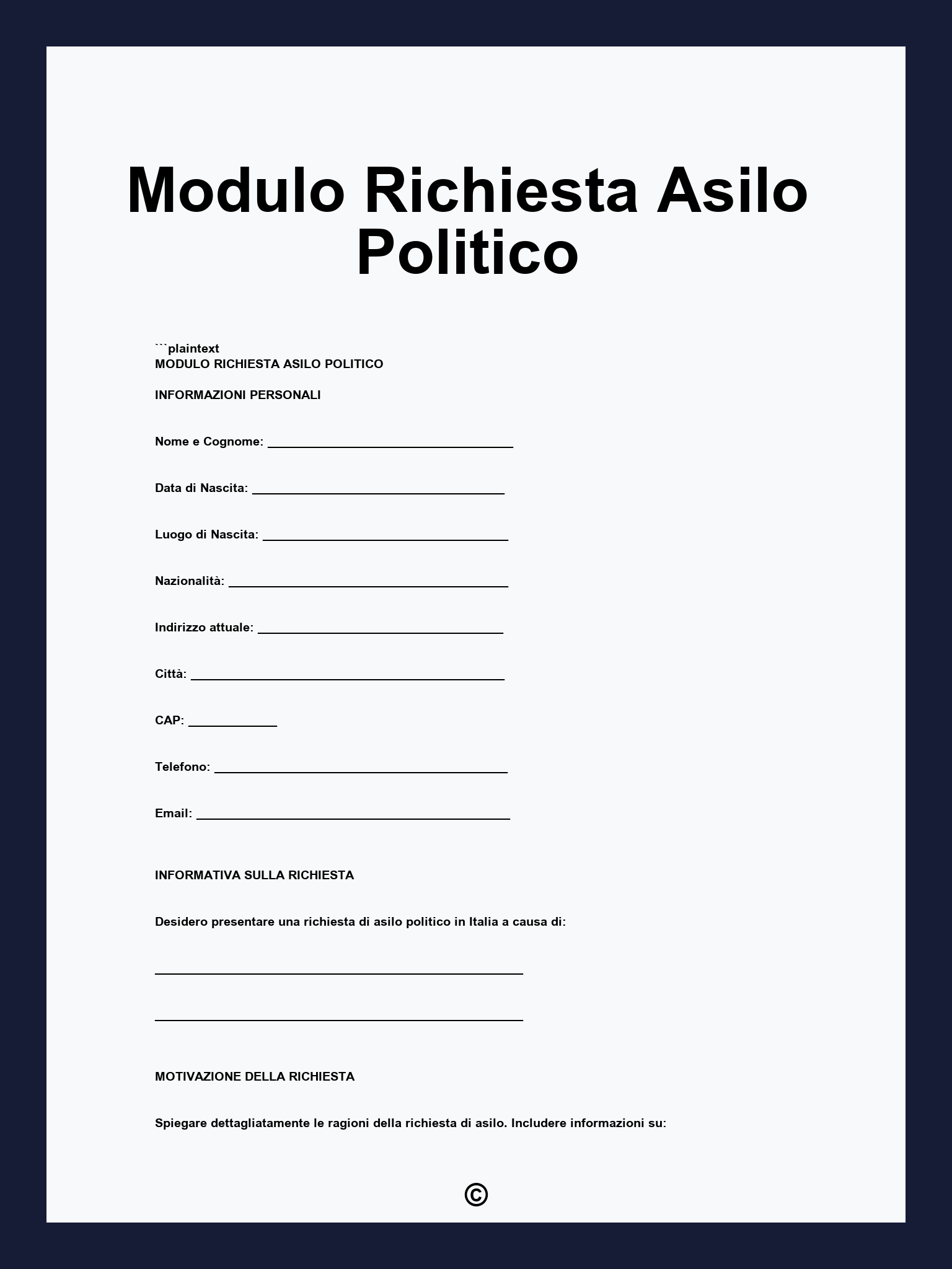 Modulo Richiesta Asilo Politico