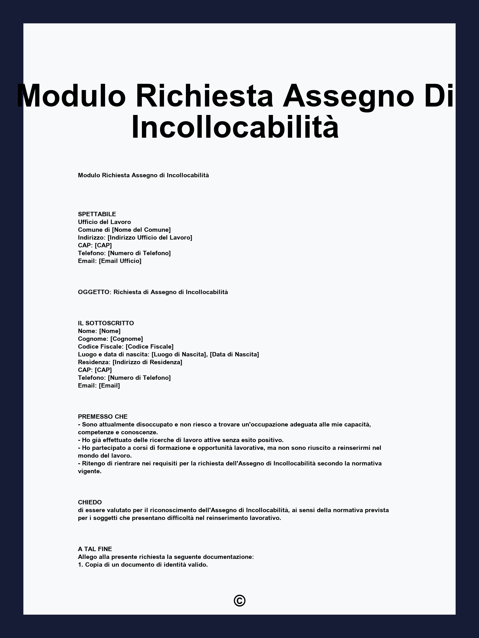Modulo Richiesta Assegno Di Incollocabilità