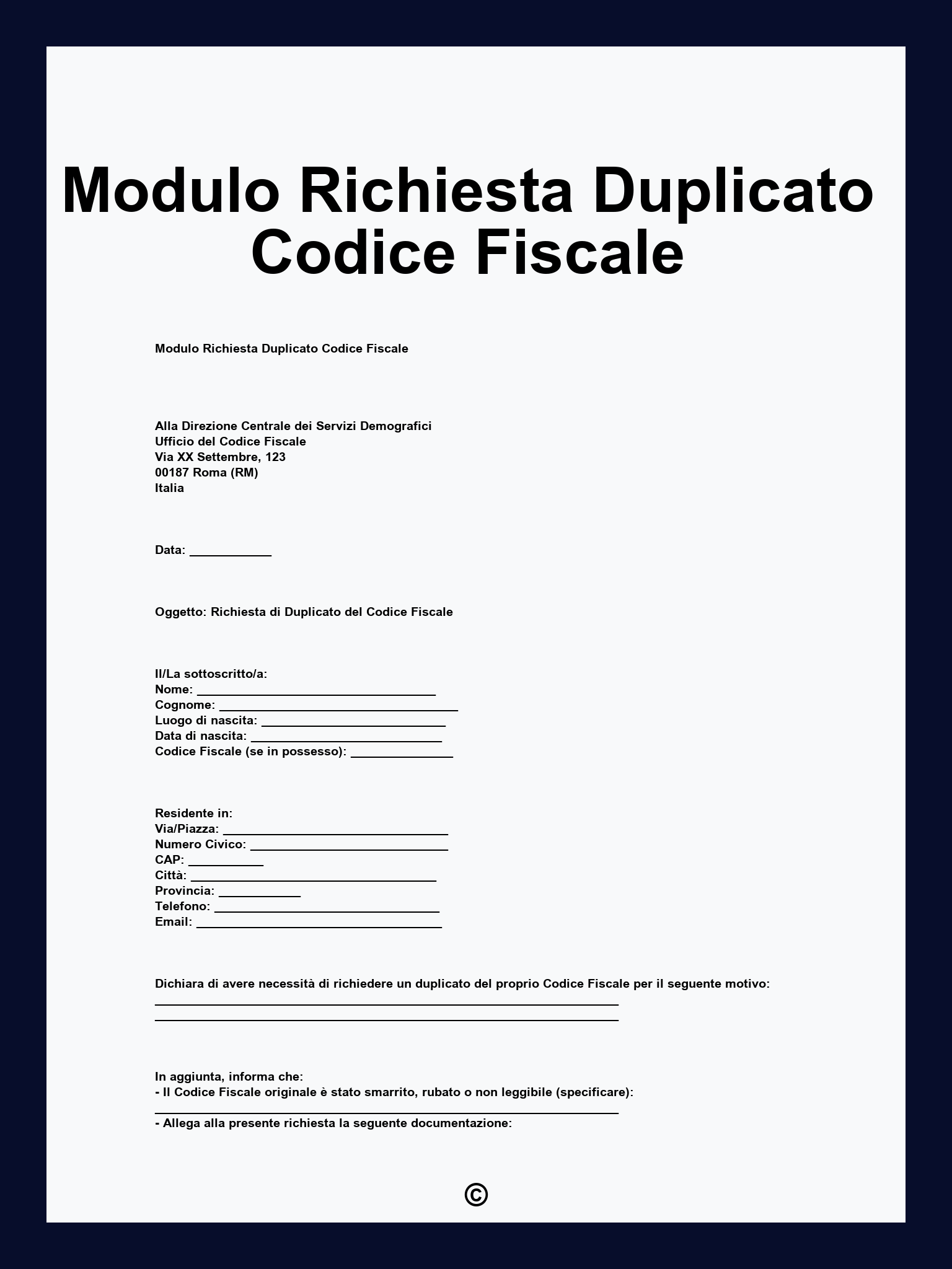 Modulo Richiesta Duplicato Codice Fiscale