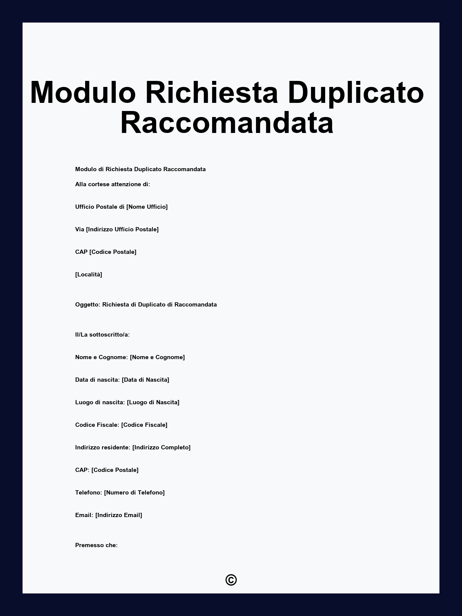 Modulo Richiesta Duplicato Raccomandata