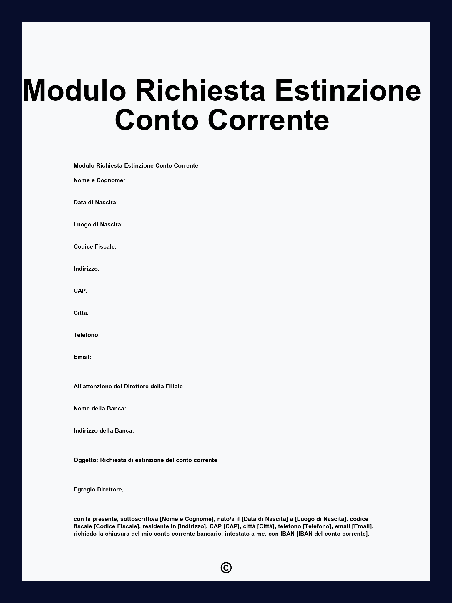 Modulo Richiesta Estinzione Conto Corrente
