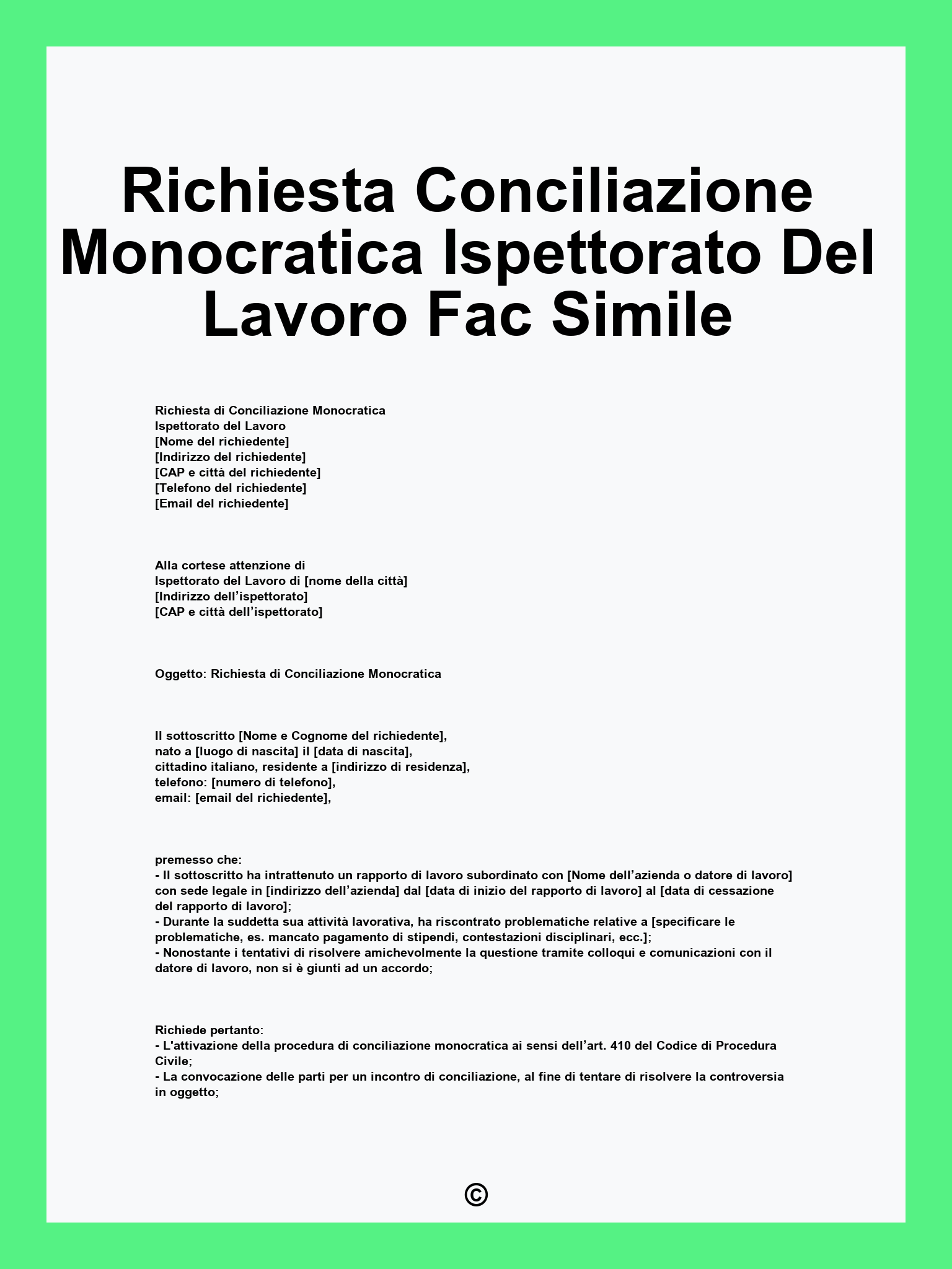 Richiesta Conciliazione Monocratica Ispettorato Del Lavoro Fac Simile