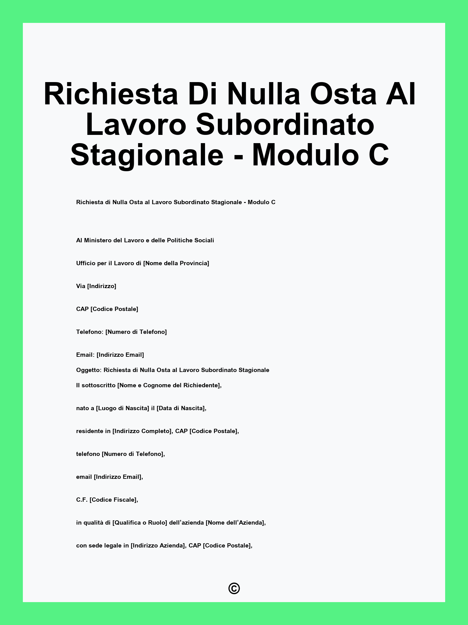 Richiesta Di Nulla Osta Al Lavoro Subordinato Stagionale - Modulo C